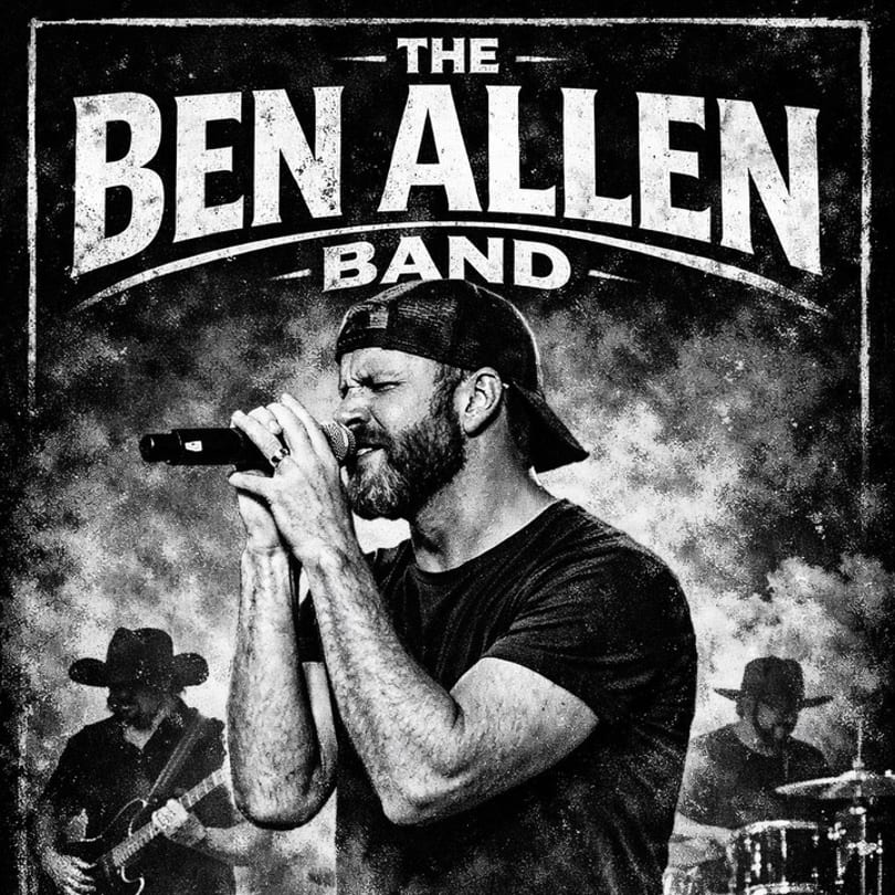 Black and white concert poster for The Ben Allen Band, featuring Ben Allen singing into a microphone.